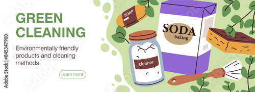 Eco-friendly cleaning products, web banner design. Green household supplies, natural organic cleaner. Ecological housework, online page. Flat vector illustration for internet zero waste shop