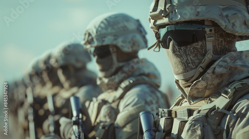 Regiment with elite modern soldiers armed and equipped with uniforms, camouflage masks, helmets, and sunglasses. Army prepared and lined up for a war operation.
