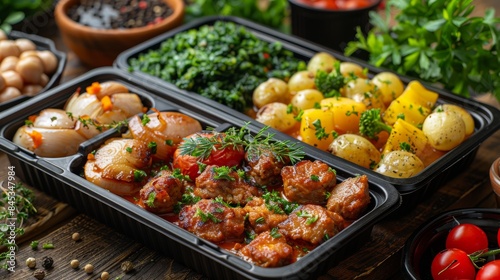 A savory meal kit with chunks of meat and seasoned vegetables arranged in a black tray, perfect for convenient dining