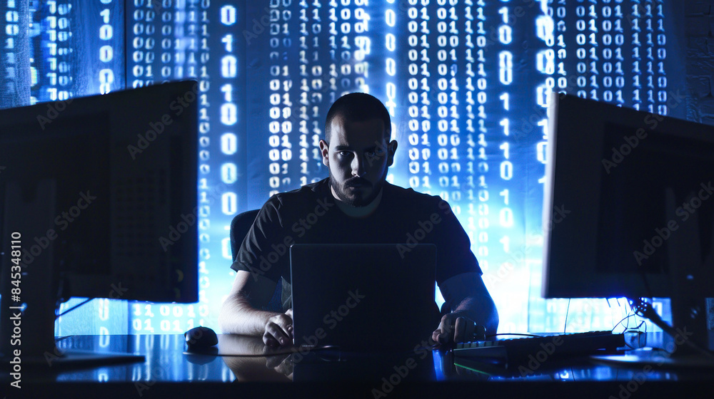 Hacker with laptop and binary code Hacker with laptop and binary code