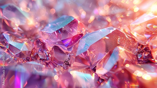 Close-up rendering of sparkling crystals with facets reflecting lights in a kaleidoscope of colors photo