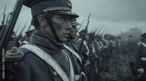 prussian, german or french army with bayonets in the first world war or napoleonic battles, lined up on the battlefield under a gray sky background. Historical wars wallpaper.