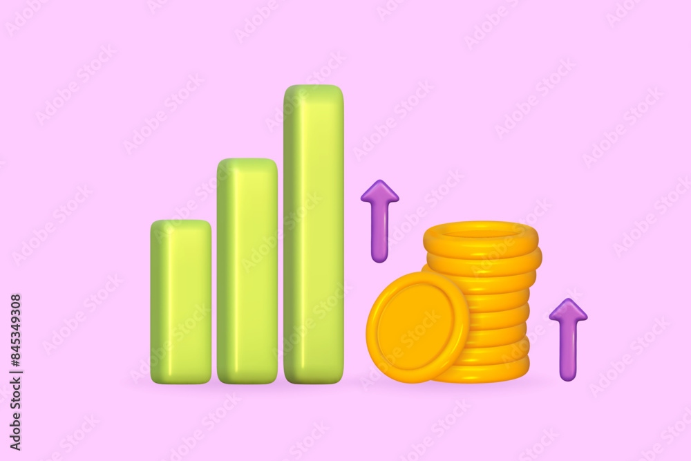 3d coin gold stack with growth bar in success rate. 3d money with arrow on graph up. Pile coin profit. Vector render illustration. 3d coin gold stack with growth bar in success rate. 3d money with arrow on graph up. Pile coin profit. Vector render illustration.