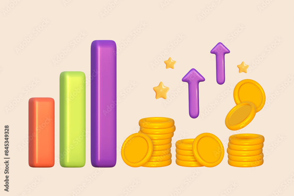 3d coin gold stack with growth bar in success rate. 3d money with arrow on graph up. Pile coin profit. Vector render illustration. 3d coin gold stack with growth bar in success rate. 3d money with arrow on graph up. Pile coin profit. Vector render illustration.