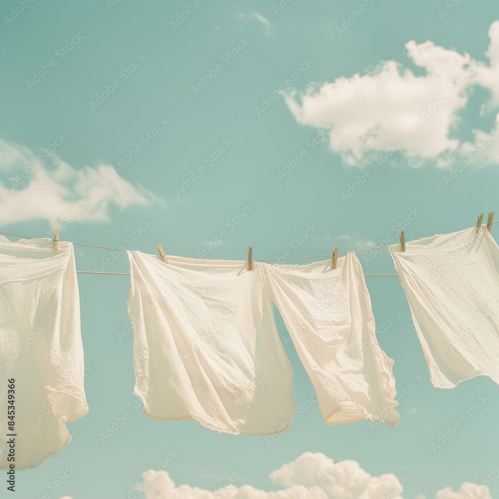 Clean clothes hanging on washing line against sky. Drying laundry Clean clothes hanging on washing line against sky. Drying laundry