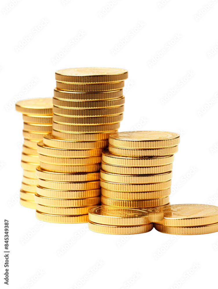 Stacks of shiny gold coins isolated on white background. Perfect for financial, investment, or economic concepts in design. Stacks of shiny gold coins isolated on white background. Perfect for financial, investment, or economic concepts in design.