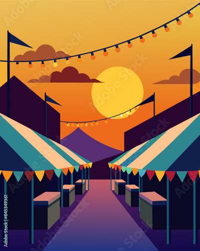 The sun sets behind a row of vibrant market stalls each one equipped with solar panels that power the ling string lights strung above them.. Vector illustration