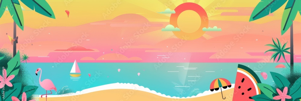 Fototapeta premium vivid and cheerful beach scene at sunset featuring a flamingo, a sailboat, and lush tropical foliage, creating a perfect summer vacation vibe.
