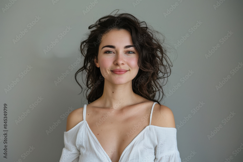 A close up portrait of a woman with a subtle smile A close up portrait of a woman with a subtle smile