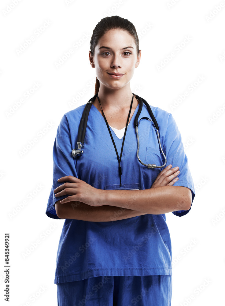 Woman, doctor and arms crossed on portrait in studio for health care on white background for career. Female person, confident surgeon and smile on face as medical professional, expert and support Woman, doctor and arms crossed on portrait in studio for health care on white background for career. Female person, confident surgeon and smile on face as medical professional, expert and support