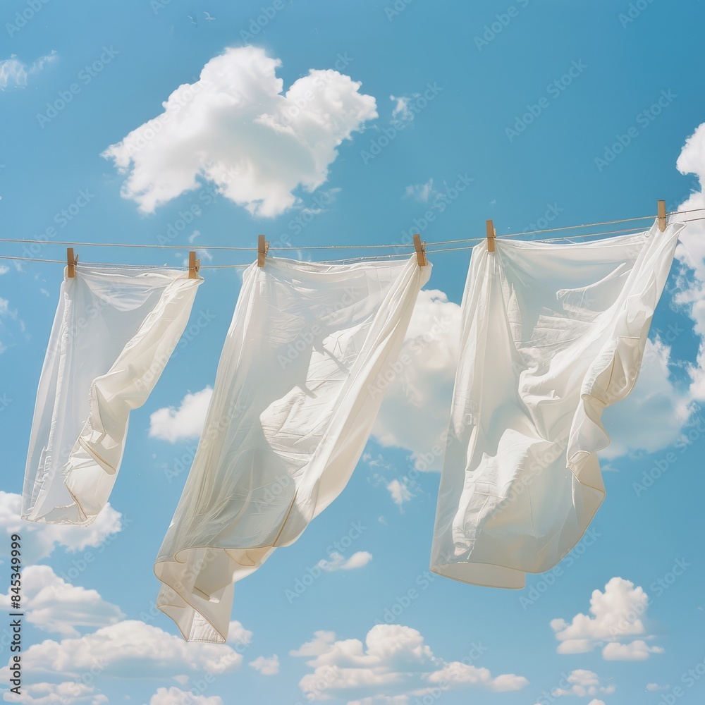 Clean clothes hanging on washing line against sky. Drying laundry