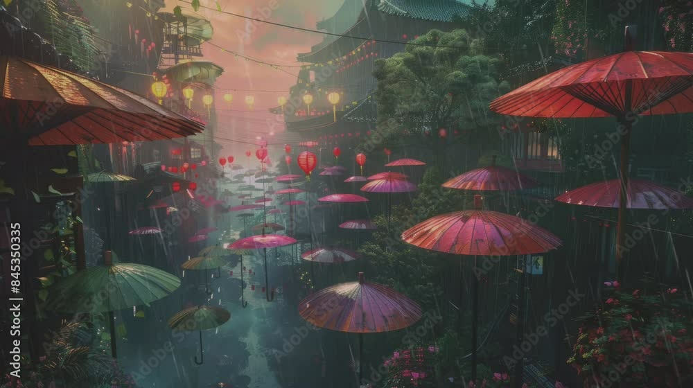 the beauty of umbrellas and rainy weather . seamless looping time-lapse virtual video Animation Background.