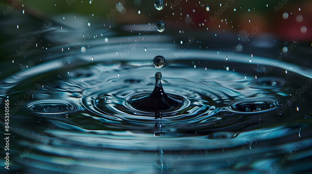Close-up of a water droplet with droplets falling from above and below Close-up of a water droplet with droplets falling from above and below