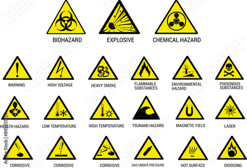 Set of warning signs vector. Biohazard,chemical weapon,high voltage symbol.Caution icons on yellow triangle