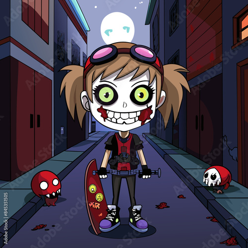 horror anime girl with a twisted smile, dressed in a dark, gothic outfit, standing in front of an abandoned house, holding a skateboard with eerie, spectral patterns