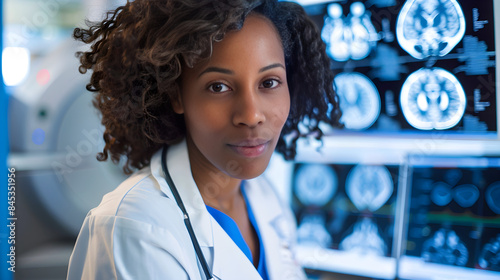 A scientist in lab coat looking at images on computer screen during brain scan. photo