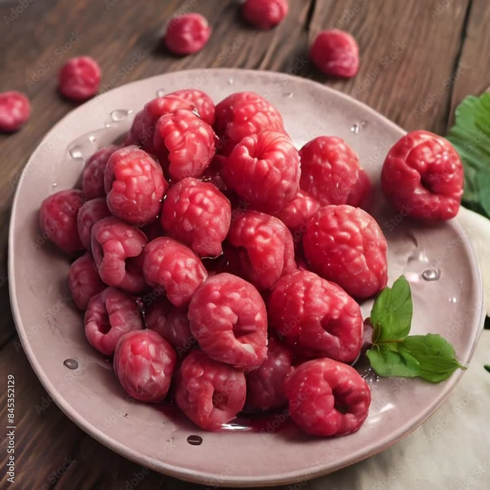 Fresh, freshly washed raspberries on a plate on a wooden table Fresh, freshly washed raspberries on a plate on a wooden table