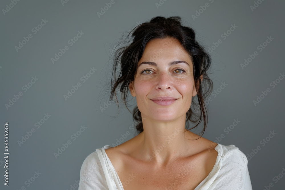 A close up portrait of a woman with a subtle smile A close up portrait of a woman with a subtle smile