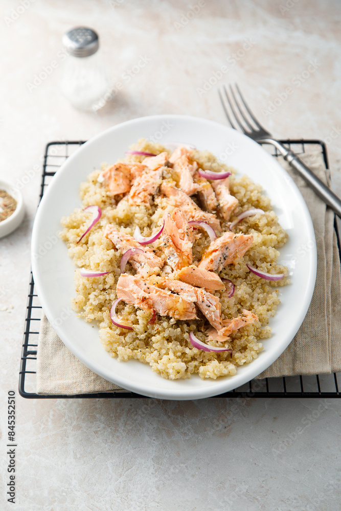 Hot smoked salmon with quinoa and red onion Hot smoked salmon with quinoa and red onion