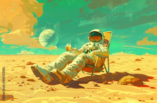 astronaut relaxes on mars and drinks a cocktail or beer. astronaut in space photo