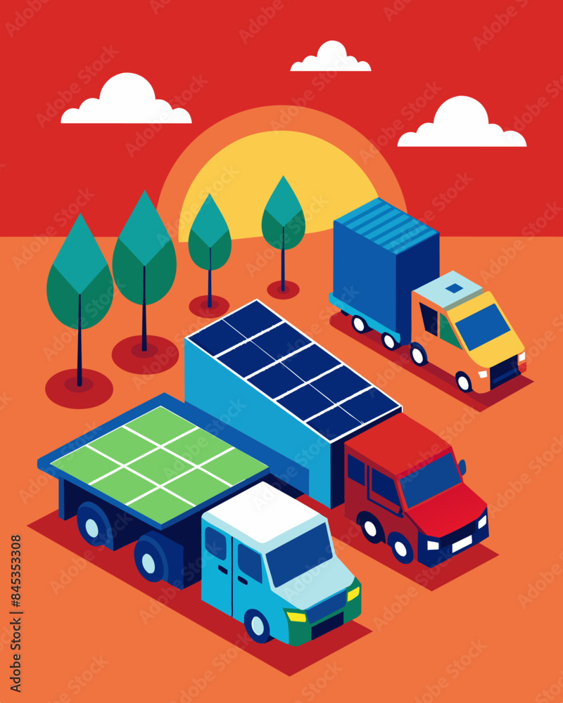 Trucks backing up to the sites solarpowered charging station filling up with electricity instead of fuel.. Vector illustration