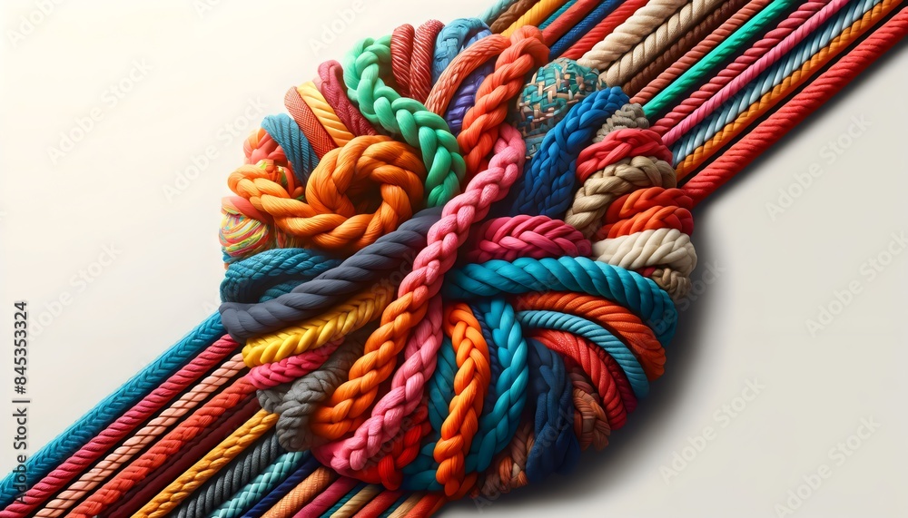 This striking image features an intricately tied knot formed by multiple colored ropes