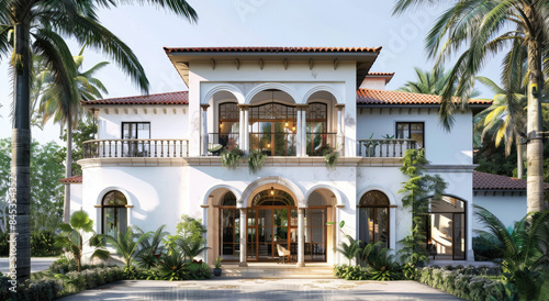 a beautiful two-story villa with white walls and arched windows, red roof tiles, large entrance door, and a balcony on the second floor © Kien