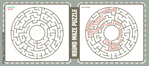 Round maze isolated on soft color backgrounds with solutions image. Circular labyrinth gaming maze. Vector illustration