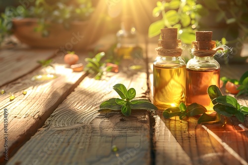 Essential oils in glass bottles on a wooden table.