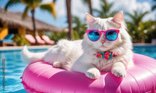 Close-up of an Angora cat on a pink inflatable ring in a pool, sporting pink sunglasses and exuding summer vibes. Copy space available. Perfect for vacation and summer holidays.