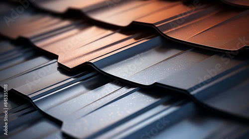 Close-Up of Modern Metal Roof Shingles with Rain Droplets, Highlighting Textures and Colors in a Contemporary Architectural Design