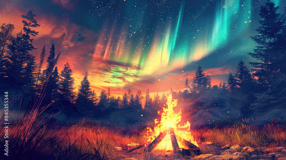 Illustration of a campfire under the northern lights, surrounded by tall trees and grasses, with vibrant colors of orange and green dancing in the sky above Illustration of a campfire under the northern lights, surrounded by tall trees and grasses, with vibrant colors of orange and green dancing in the sky above