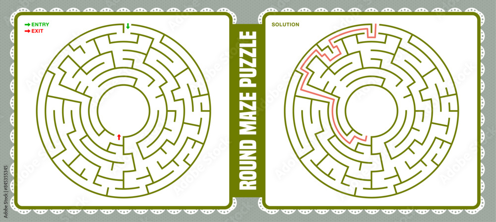 Round maze isolated on soft color backgrounds with solutions image. Circular labyrinth gaming maze. Vector illustration Round maze isolated on soft color backgrounds with solutions image. Circular labyrinth gaming maze. Vector illustration
