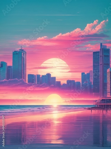 beach of vaporwave city poster vector sun set