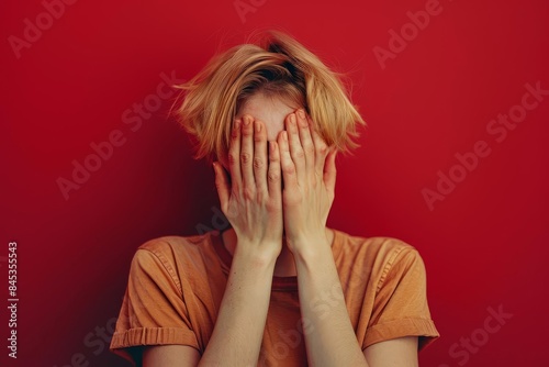 emotion shame maroon background A person covering their face with their hands on a maroon background, free space for text photo