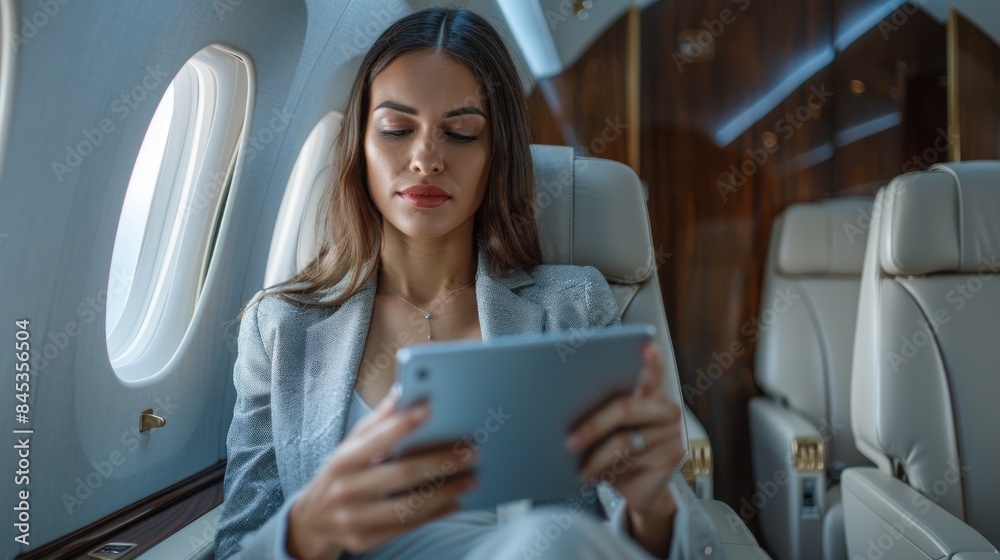 A woman is sitting in an airplane seat, looking at a tablet A woman is sitting in an airplane seat, looking at a tablet