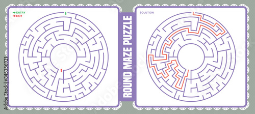 Round maze isolated on soft color backgrounds with solutions image. Circular labyrinth gaming maze. Vector illustration