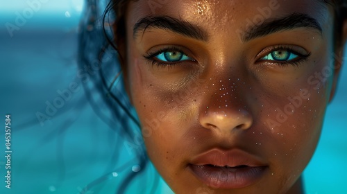 A striking portrait of a model with olive skin, her features enhanced by bold makeup choices, as she gazes confidently at the camera against a backdrop of deep ocean blue