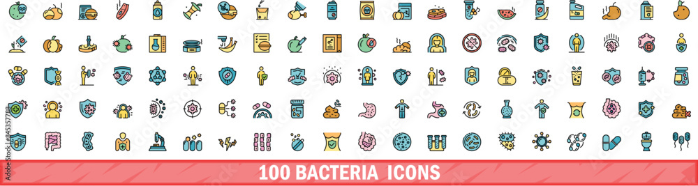 Naklejka premium 100 bacteria icons set. Color line set of bacteria vector icons thin line color flat on white