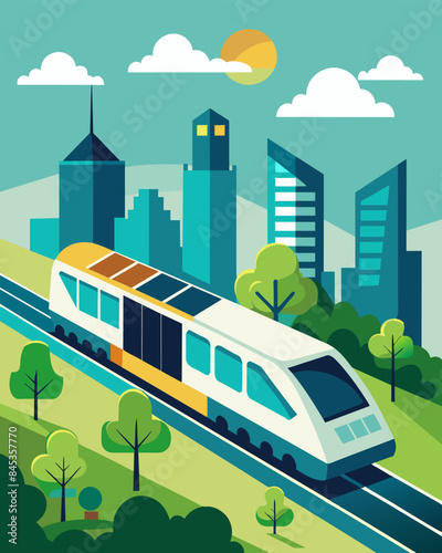 The citys new solar powered train silently glides through the streets reducing both noise pollution and carbon emissions.. Vector illustration