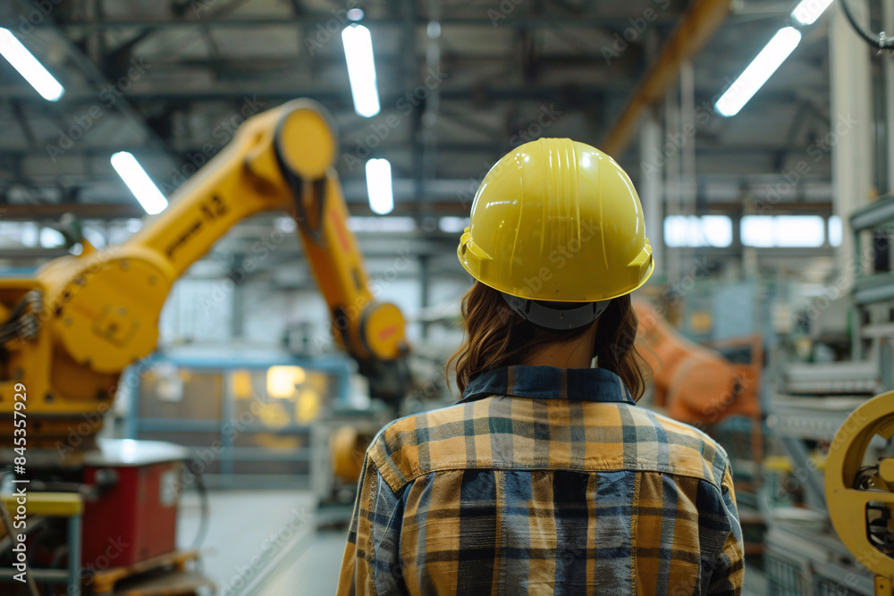 Back view of female worker with yellow safety helmet in factory Back view of female worker with yellow safety helmet in factory