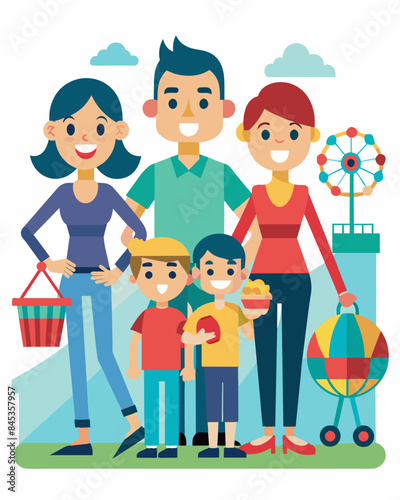 The family takes advantage of free community events and activities instead of pricey outings to amut parks or movie theaters.. Vector illustration