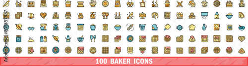 100 baker icons set. Color line set of baker vector icons thin line color flat on white