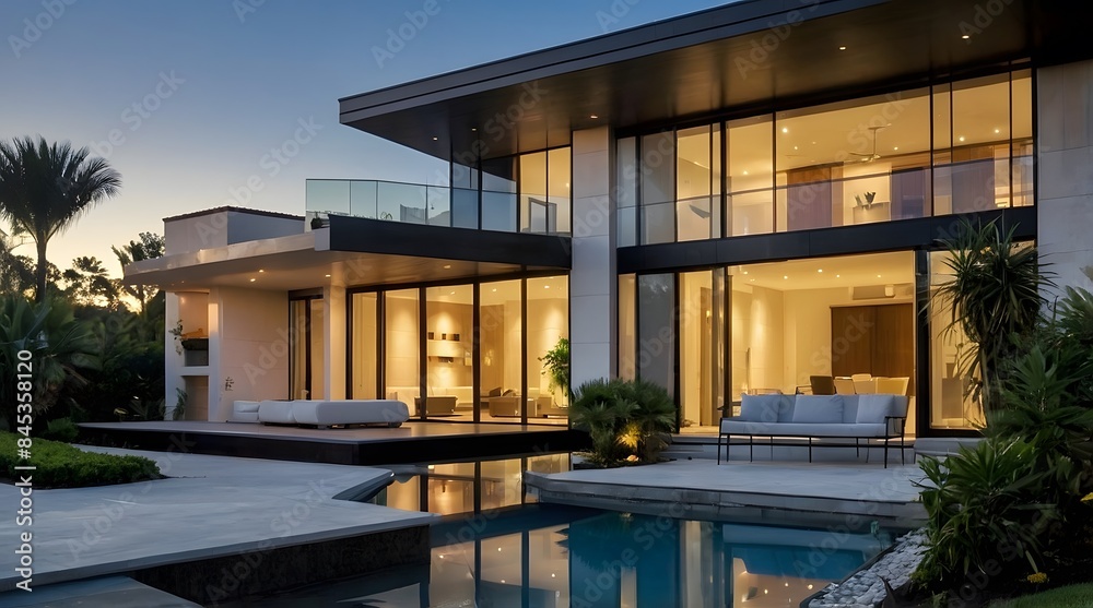 A modern villa exterior with a sleek and contemporary design with clean lines and large windows in Florida. Tropical landscaping with palm trees, colorful flowers, and lawns, 3D render A modern villa exterior with a sleek and contemporary design with clean lines and large windows in Florida. Tropical landscaping with palm trees, colorful flowers, and lawns, 3D render