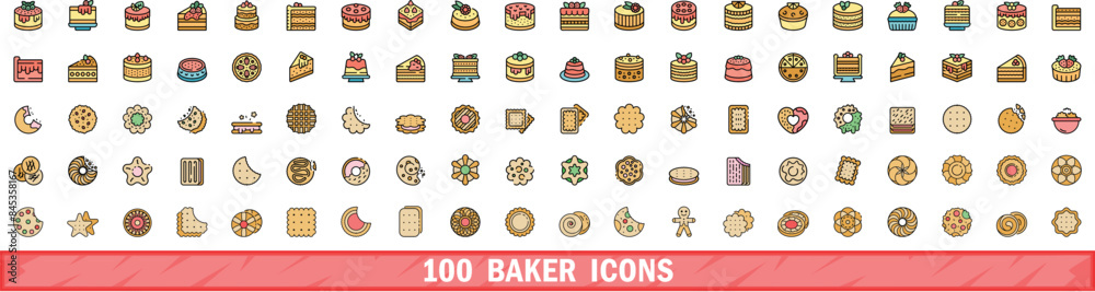 100 baker icons set. Color line set of baker vector icons thin line color flat on white 100 baker icons set. Color line set of baker vector icons thin line color flat on white