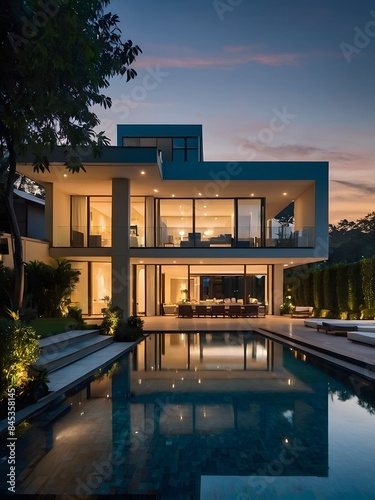 A modern villa exterior with a sleek and contemporary design with clean lines and large windows in Florida. Tropical landscaping with palm trees, colorful flowers, and lawns, 3D render