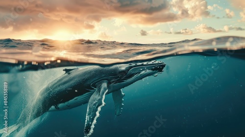 A Humpback whale appears above the ocean surface photo