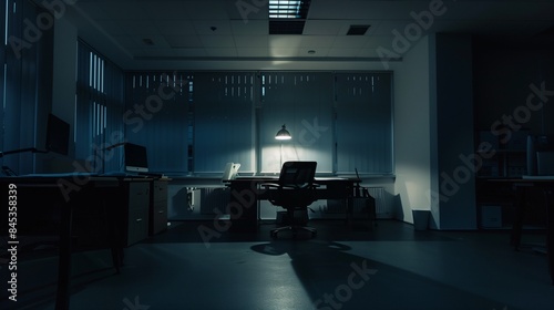 Dark, empty office with single desk lamp casting shadows, creating an eerie and suspenseful atmosphere. Late-night work and solitude concept
 photo