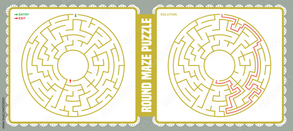 Round maze isolated on soft color backgrounds with solutions image. Circular labyrinth gaming maze. Vector illustration Round maze isolated on soft color backgrounds with solutions image. Circular labyrinth gaming maze. Vector illustration