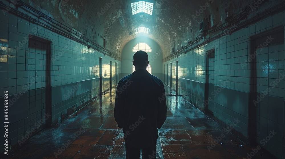 A solitary figure stands at the end of an eerie and dilapidated corridor with light shining through a window
